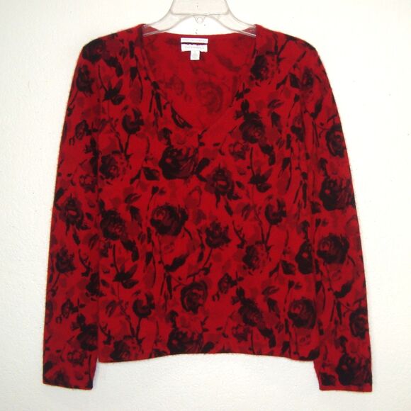 Charter Club 2-Ply Cashmere Red Black Floral V-Neck Sweater Size L - Picture 1 of 6